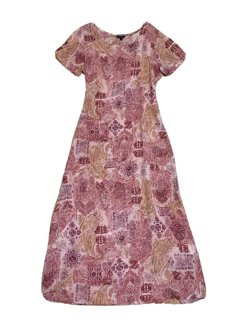 True Grit paisley Red Burgundy Chiffon Sheer Sheath Dress Sz S Short Sleeve USA